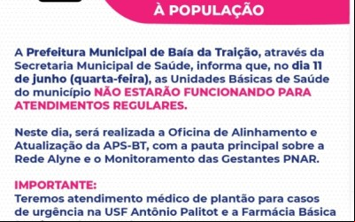Unidades de Saúde de Baía da Traição terão funcionamento alterado no dia 11 de junho devido a oficina de atualização profissional